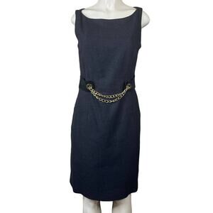 Milly of New York Gray Wool Silk Sleeveless Sheath Dress Gold Chain Size 10